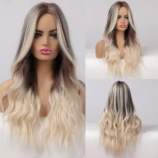 Long Natural Wave Synthetic Wig Ombre Brown Mixed Blonde Women Fake Hair Heat Resistant Fibre wig