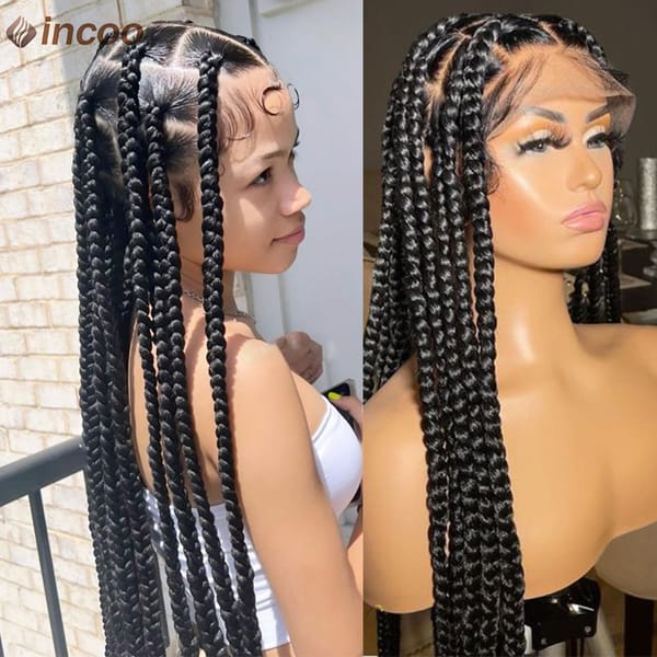 Synthetic Jumbo Braided Full Lace Wigs For Black Women Knotless Box Braids Faux Locs Braiding Hair Tribal Cornrow Braids Wigs