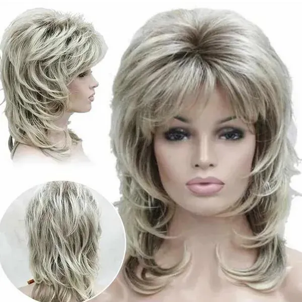 Ladies Womens Medium Mixed Blonde Curly Hair Cosplay Daily Synthetic Full Wigs