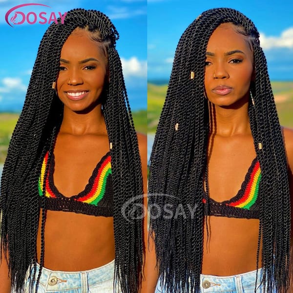 Full Double Lace Front Square Senegalese Knotless Twist Box Braided Wig 36 Inch Synthetic Lace Braiding Wig With Baby Hair Black