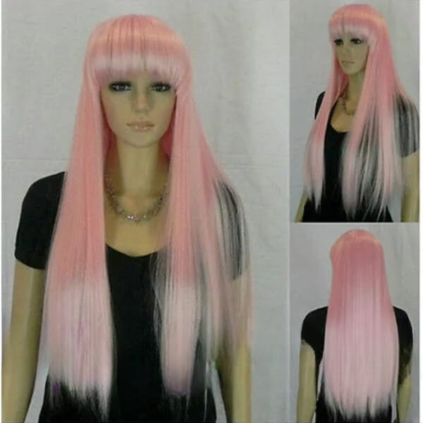 FREE SHIPPING Lolita Long pink Straight Full Bangs Loli Cosplay Synthetic Hair Wig