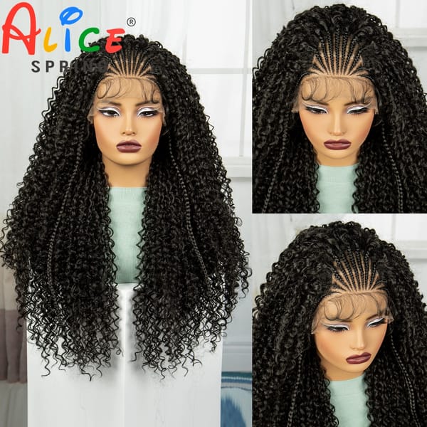 28 Inch Natural Color Synthetic Braided Wigs Lace Braided Wigs Curly Knotless Box Braids Wigs with Baby Hair for Black Woman