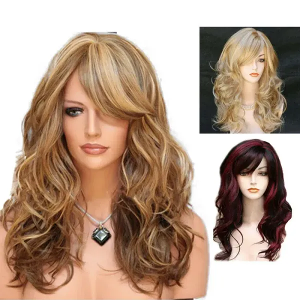 3Color Womens Long Curly Hair Wigs Oblique Bangs Party Cosplay Fashion Full Wig