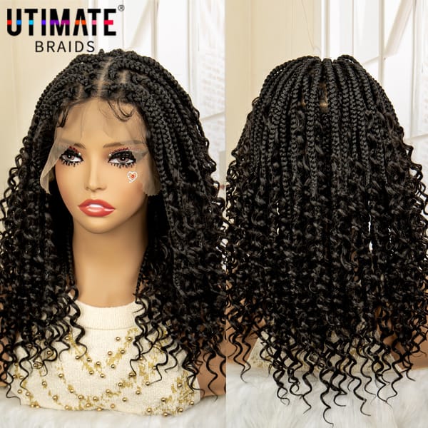 16 Inches Synthetic Full Lace Square Knotless Box Braided Wigs with Curly Boho Braids Wig with Baby Hair for Black Women