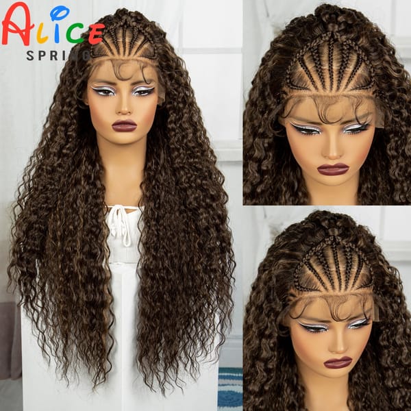 32Inch Cornrow Braided Wigs 13x4 Synthetic Lace Front Braids Wig with Baby Hair Curly Knotless Braiding Hair Wig for Black Women