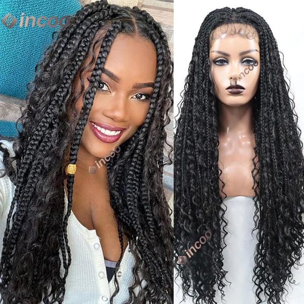 Synthetic Full Lace Front Knotless Box Braided Wigs for Black Women Boho Lace Frontal Braiding Hair Wig with Curly Braids Wig
