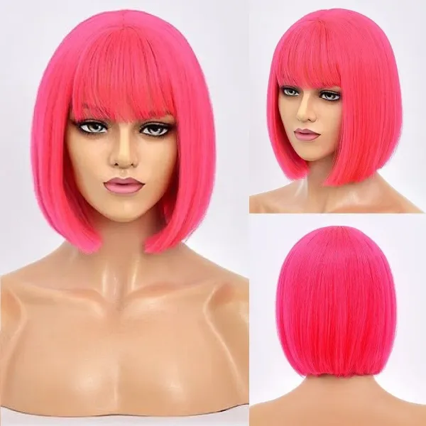 Short Ombre Bob Pink Straight Synthetic Wig With Bangs Women Heat Resistant Cosplay Hair wig