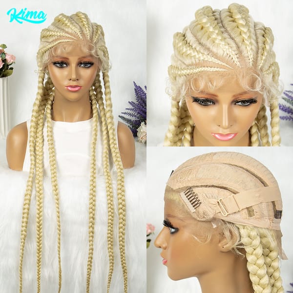 Blonde Color Synthetic Cornrow Braids Wig Lace Front Knotless Box Braided Wig 36 Inches African American Braiding Hair For Women