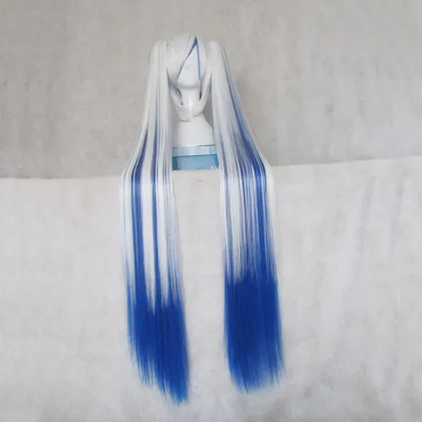 120cm Fashion long white Mixed blue straight cosplay 35cm Short hair horsetail Cosplay wig