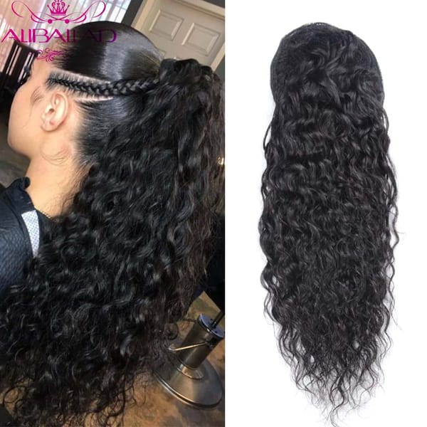 Water Wave Drawstring Ponytail Human Hair Extensions Brazilian Natural Hairpiece With Clip Ins 100-150g Aliballad Remy Pony Tail