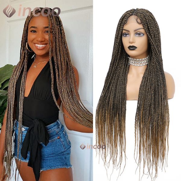 Synthetic Small Box Braided Wigs Blond Colored 36" Full Lace Front Wigs Cornrow Knotless Braided Wigs African Square Hair Wigs