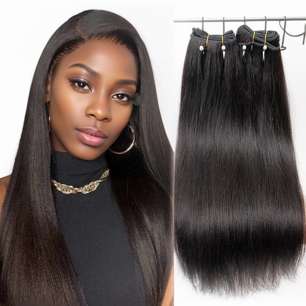 MRS HAIR Light Yaki Bundles Human Hair Yaki Straight Hair Bundles Remy Double Weft Bouncy Fluffy 1B Natural Black 12-24inch 100G