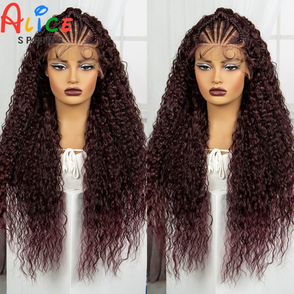 Burgundy Cornrow Braided Wigs Knotless Synthetic Lace Front Braids Wig Curly Braiding Hair Wigs with Baby Hair for Black Women