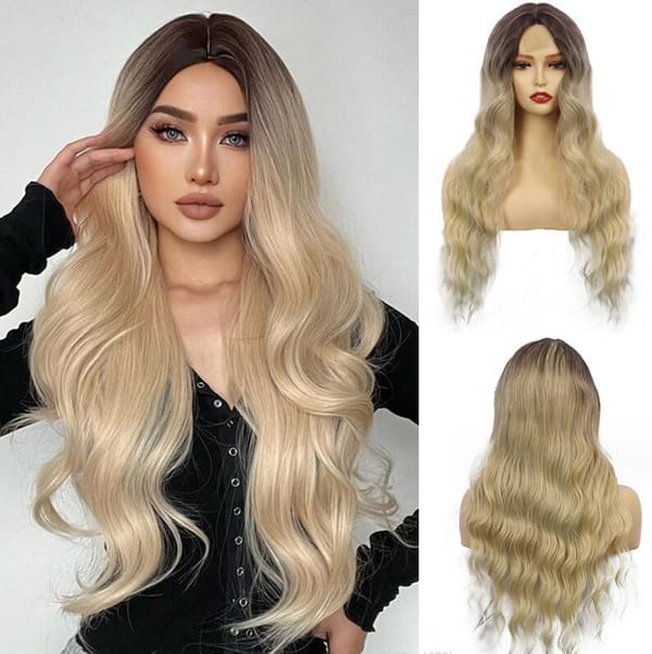 3 Color New Women's Long black MIX Blonde Middle Part Ombre Hairs Curly small Lace Hair Wig
