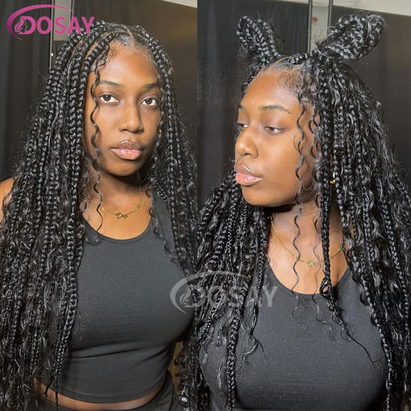 32" Full Lace Boho Box Braid Wigs With Baby Hair Bohemian Braided Wigs For Black Woman Knotless Goddess Locs With Curly Hair Wig