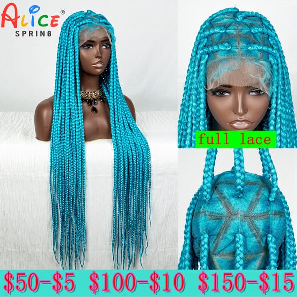 32 Inch Synthetic Full Lace Braided Wigs Knotless Box Braids Wigs Blue Color Crochet Hair for Women Straight Braiding Hair Wigs