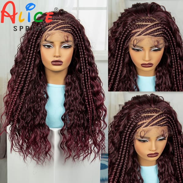 Burgundy Water Wave 26 Inch Synthetic Braided Wig Lace Braided Wigs Curly Knotless Box Braids Wig With Baby Hair for Black Woman