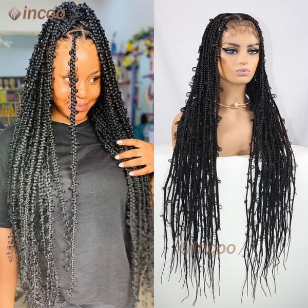 Synthetic 36" Full Lace Frontal Wig Jungle Braids Wig With Baby Hair Square Knotless Butterfly Box Braided Wigs For Black Women