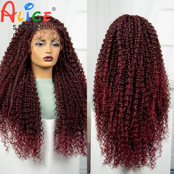 1B-BUG Color 28 Inches Synthetic Braided Wigs Lace Braided Wigs Curly Knotless Box Braids Wigs with Baby Hair for Black Woman