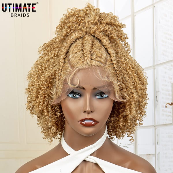 New Arrival Short Synthetic Blonde Braided Wigs with Baby Hair Jerry Curly Hair Wigs Curly Bob Wig with Buns for Black Women