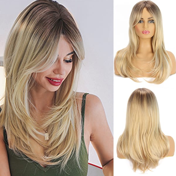 60cm New Women's Long mixed Middle Part Ombre Wavy Cosplay Party Hair Full Wig