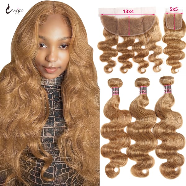 #27 Honey Blonde Human Hair Bundles with Frontal Brazilian Hair Weave Bundle with Closure 5X5 Ombre Colored Body Wave Bundles