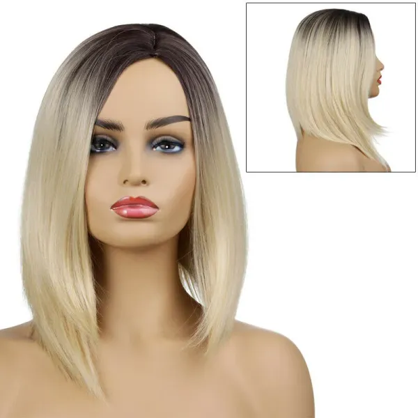 Fashion Womens mix Golden Blonde & brown Gradient Short Straight Cosplay Hair Wigs
