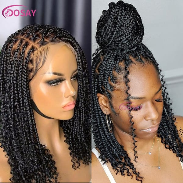 Synthetic Curly Wigs 12 Inch Short Bob 360 Full Lace Braids Wigs Boho Knotless Braided Wigs Goddess Box Wig Pre-Pluck Baby Hair