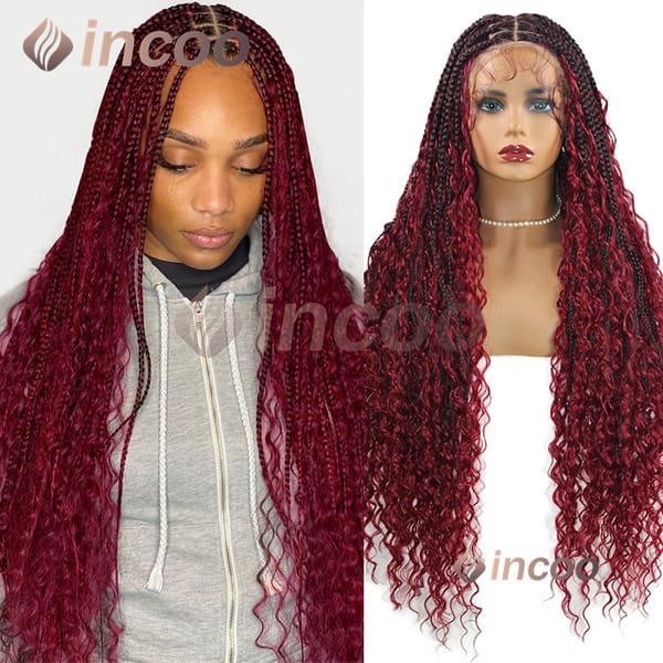 32 Inch Boho Box Braided Wigs Synthetic Curly Hair 360 Full Lace Frontal Wig Incoo Goddess Locs Braided Wig Bohemian Box Wig
