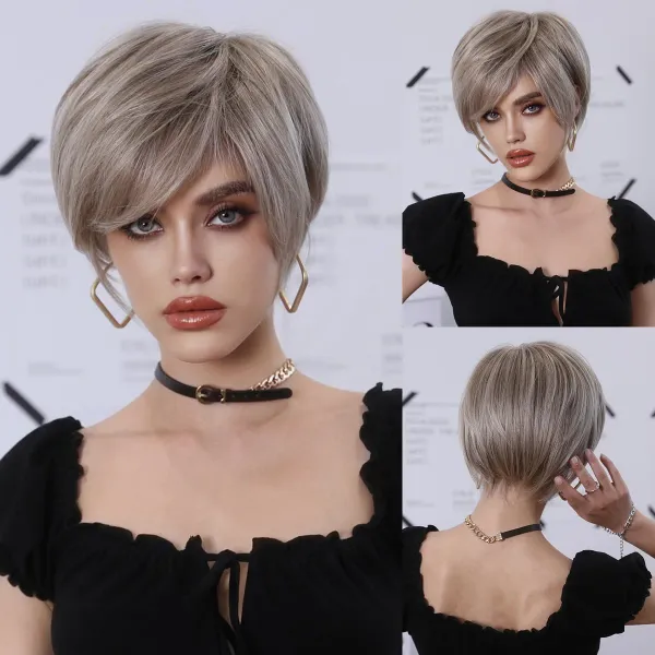 Short Mix gray Honey Colored Straight For Women 's Cosplay Hair Wigs