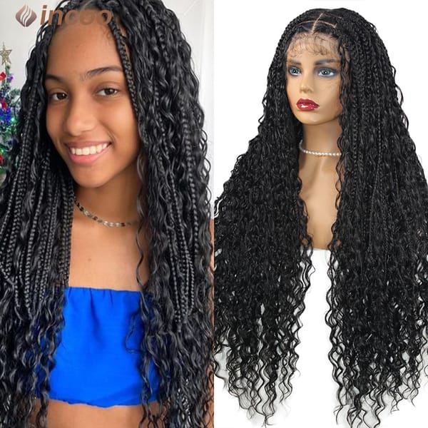 32"  Blonde Synthetic Braided Wigs Full Lace Frontal Curly Wig African Hair Bohemian Large Box Braids For Black Women Incoo