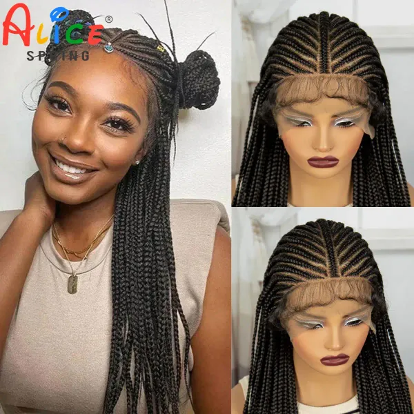 Natural Straight 36 Inches Synthetic Cornrow Braided Wigs Full Lace Synthetic Braiding Hair Wigs With Baby Hair for Black Women