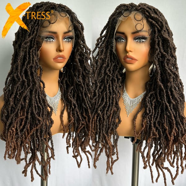 X-TRESS Synthetic 24" Faux Locs Braided Wig Ombre Color Full Lace Wigs with Baby Hair Dreadlocks Crochet Braids Hair for Women