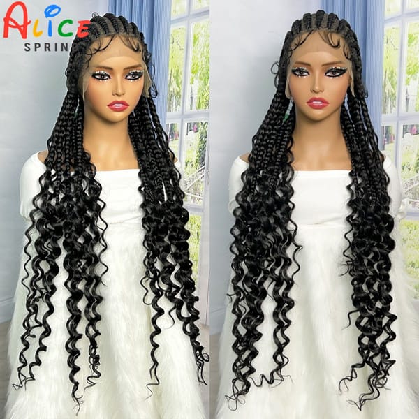 36 inches Cornrow Braided Wigs with Curly Ends Synthetic Transparent Full Lace Braiding Hair Wigs With Baby Hair for Black Women