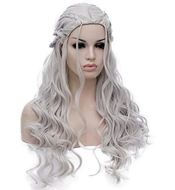 New Fashion Long Silver Curly Women’s Braided Cosplay Hair Wigs For Women’s Christmas Halloween Costume Party Wigs