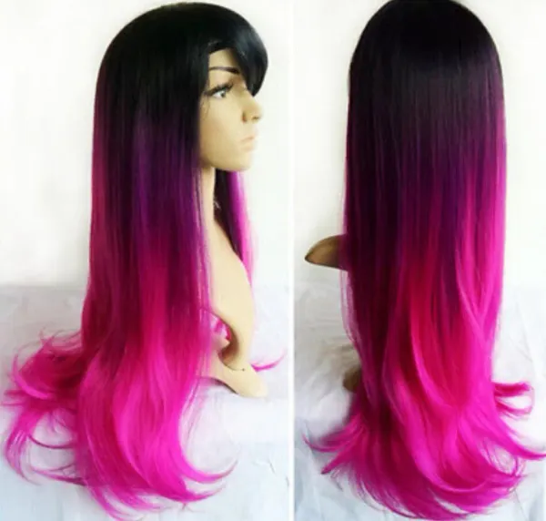 free shipping Ladies Ombre 3-Tone Black & Purple Hot Pink 27" Long Straight Hair Wig