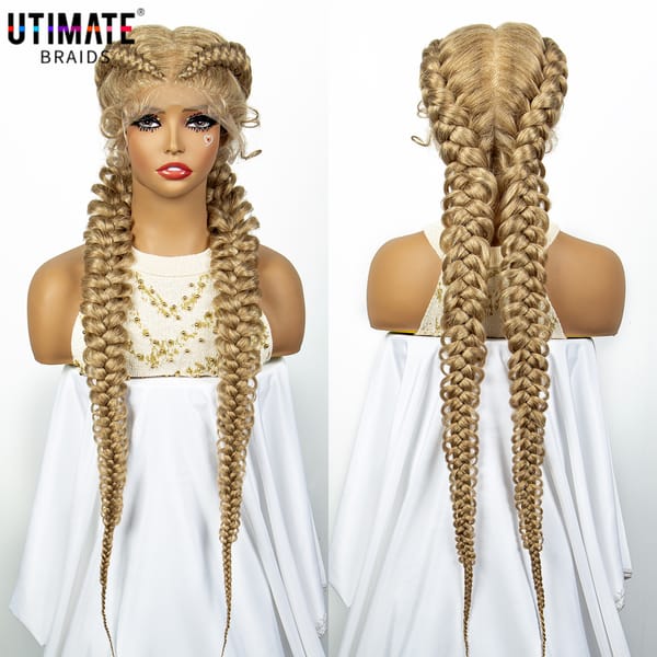 27/613 Colored Blonde Synthetic Lace Frontal Dutch Box Braided Wigs for Black Women Fishtail Braids Wigs with Baby Hair