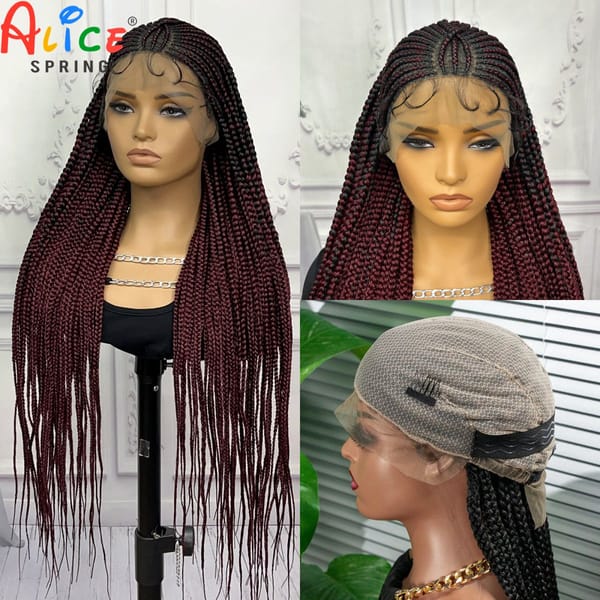 Burgundy 99J Cornrow Braided Wigs Synthetic Full Lace Braids Wig With Baby Hair Lace Frontal Braiding Hair Wigs for Black Women