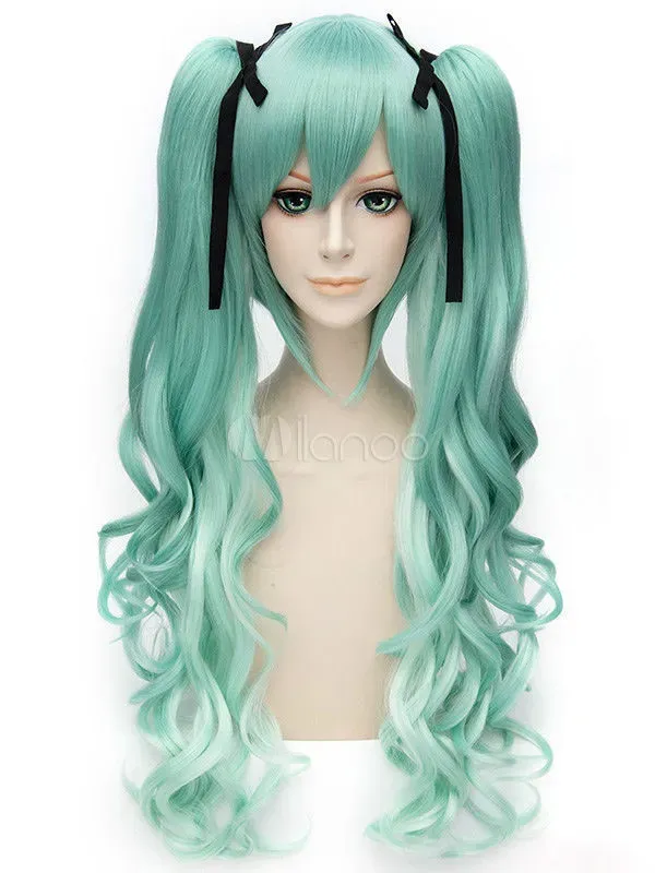Harajuku Long light green Curly women's Lolita Cosplay Synthetic Hair Wigs