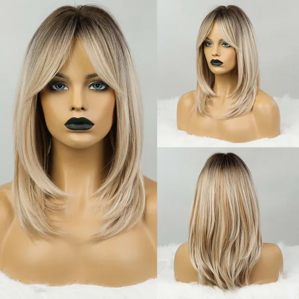 Straight Highlight Synthetic Wig Bangs Ombre Brown Blonde Party Daily Women Hair