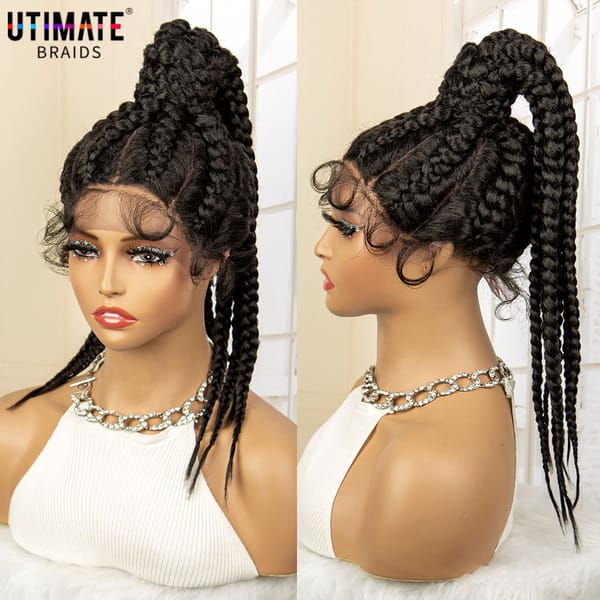 24 Inches Synthetic Ponytail Braided Wigs Lace Frontal Box Braids Wig with Baby Hair for Black Women Afro Braiding Hair Wig