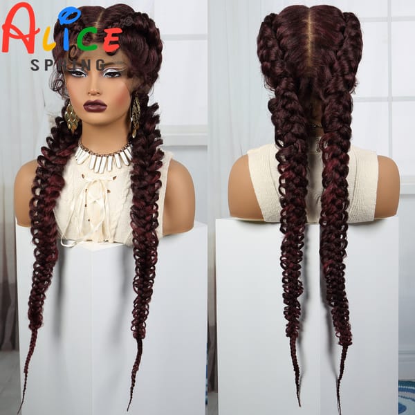 Burgundy Synthetic Lace Braided Wig 36Inch Twisted Braids Wig Transparent Lace Front Braided Wigs for Black Women with Baby Hair