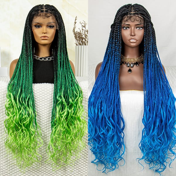 32 inches Synthetic Braided Wigs for Black Women 9X6 Lace Front Box Braided Wigs Knotless with Baby Hair Ombre Blue Afro Wigs