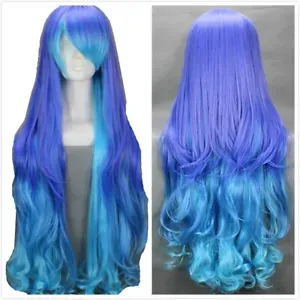 Women Long Wavy Curly Purple Blue Mixed Anime Hair Cosplay Party Costume Wigs