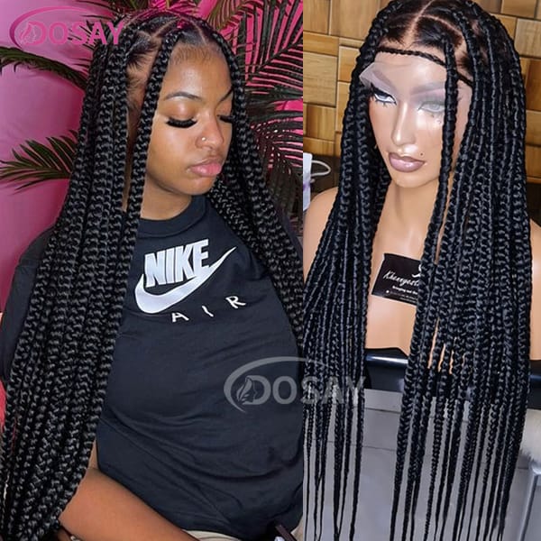 Large Knotless Thigh Length 36" Synthetic Braids Wigs With Baby Hair Full Lace Front Braids Wig Black Knotless Box Braiding Wig