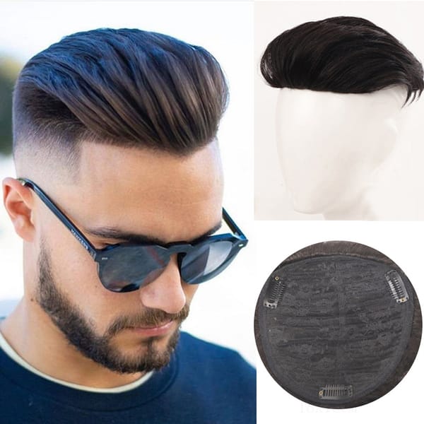 Pageup Synthetic Hair Clip In Toupee Hairpieces Straight Topper Hair with Bangs for Man Natural Hairline Toupee Black Classic