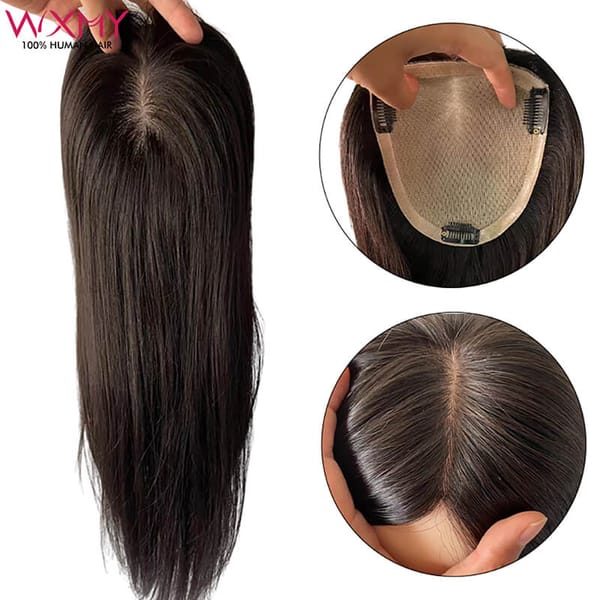 Straight Hair Toppers For Women Skin Silk Base Human Hair Topper With 3 Clips Hairpins Remy Virgin Human Hair Pieces 8-20Inch
