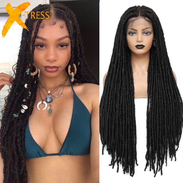 X-TRESS Synthetic Lace Front Braided Wig Full Lace Frontal Faux Locs 32" Long Straight Crochet Braiding Hair Wig For Black Women