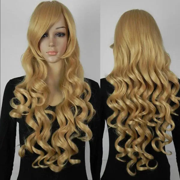 Fashion Long Yellow Wavy Cosplay Fancy Dress Party Hair Full Cosplay Anime Wig