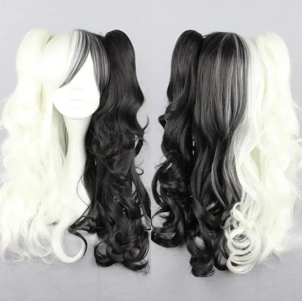 Danganronpa Dangan Ronpa Monokuma Long Black & White Curly Cosplay Hair Wigs + 2 Ponytails